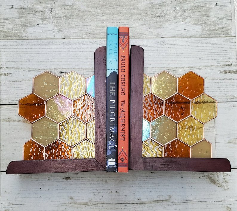 Honeycomb Stained Glass Bookends in Use