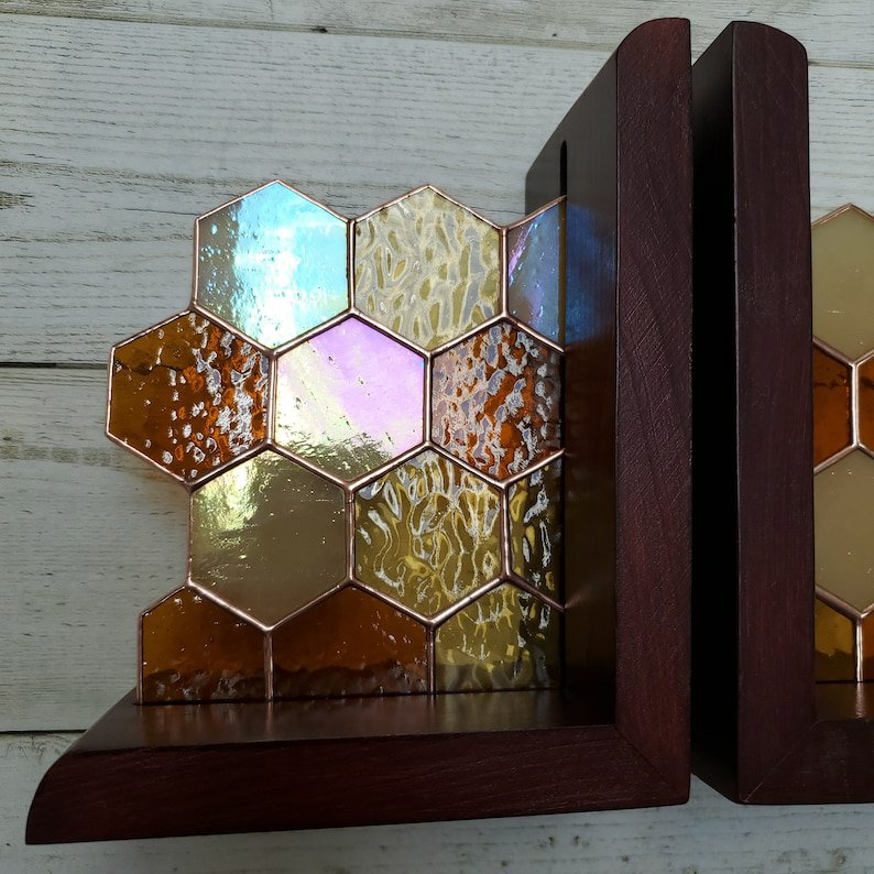 Honeycomb Stained Glass Bookends in a Different Setting