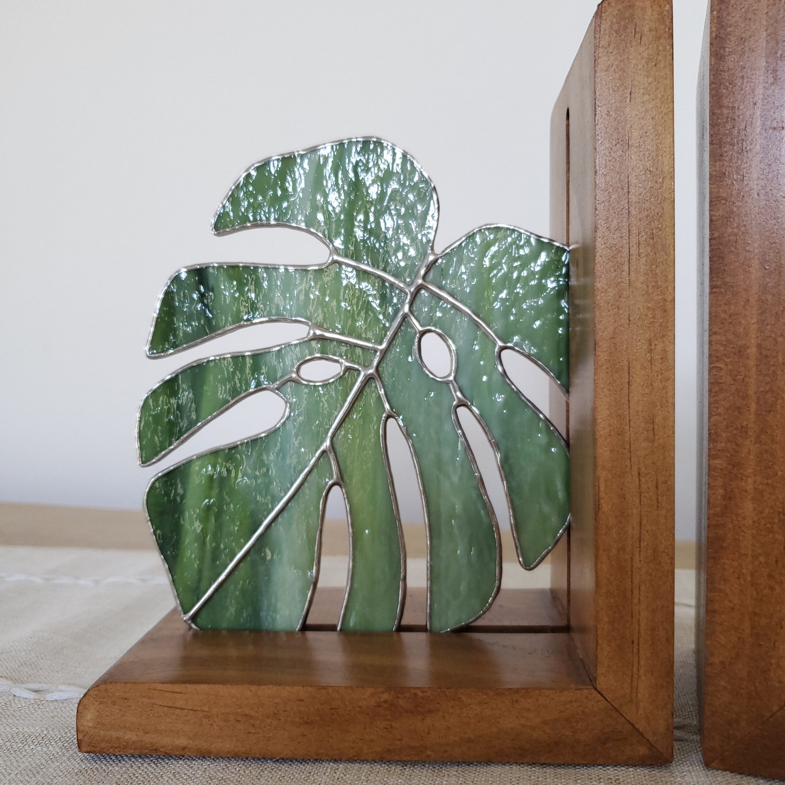 Detailed View of Monstera Stained Glass Bookends