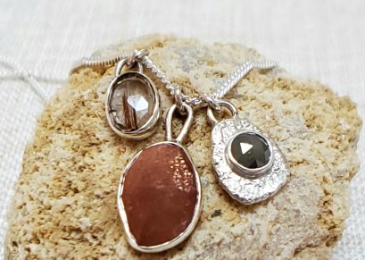Sterling Silver, Sunstone, Rutilated Quartz & Diamond Charm Necklace